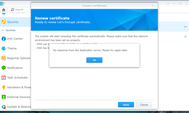 TIP: Fix Synology NAS SSl. No response from destination server. Please try again later.